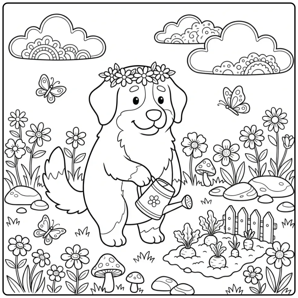 Cute Bernese Mountain Dog in a Flower Meadow coloring page