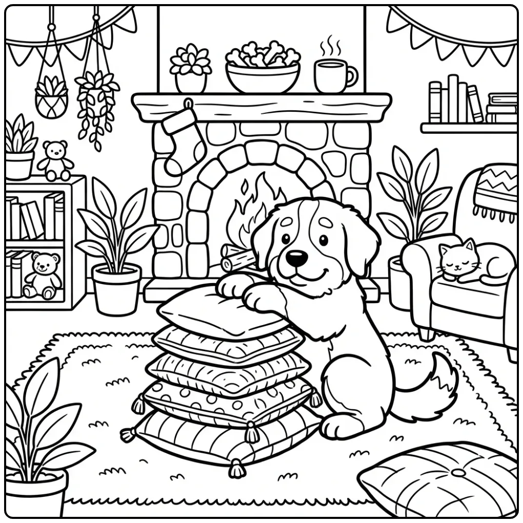 Cute Bernese Mountain Dog on Soft Cushions coloring page