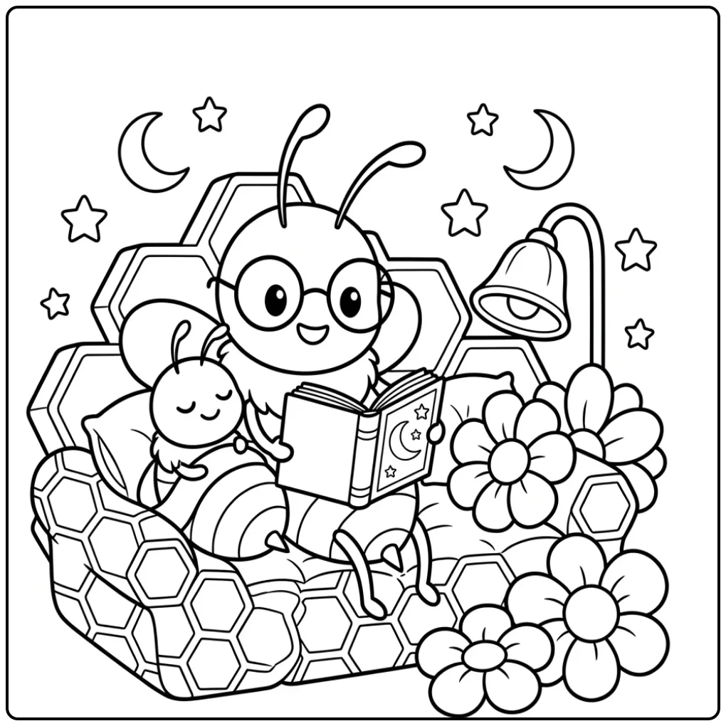 Cute bee coloring page with a bedtime story