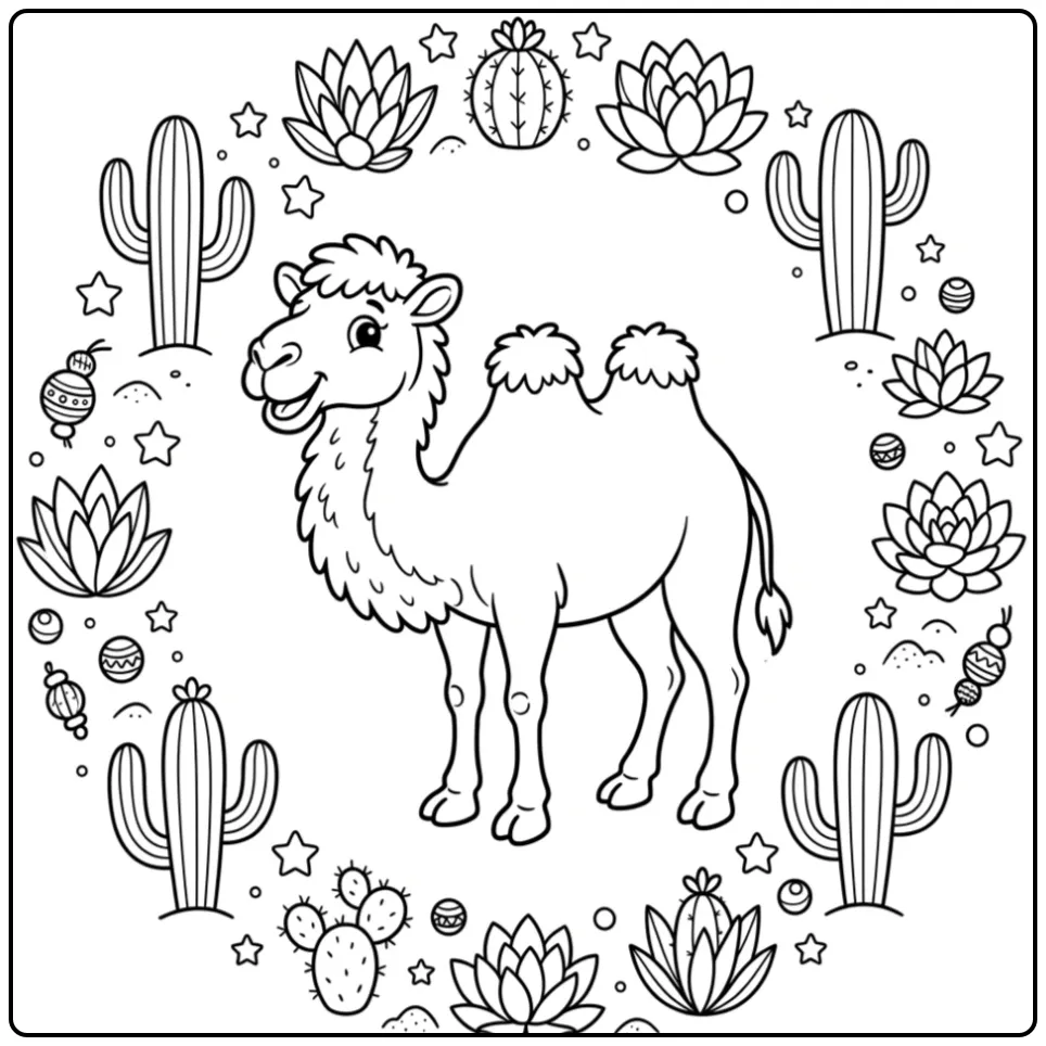Camel coloring page with a desert wreath and cactuses
