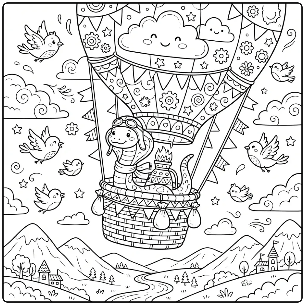 Cobra coloring page flying among clouds