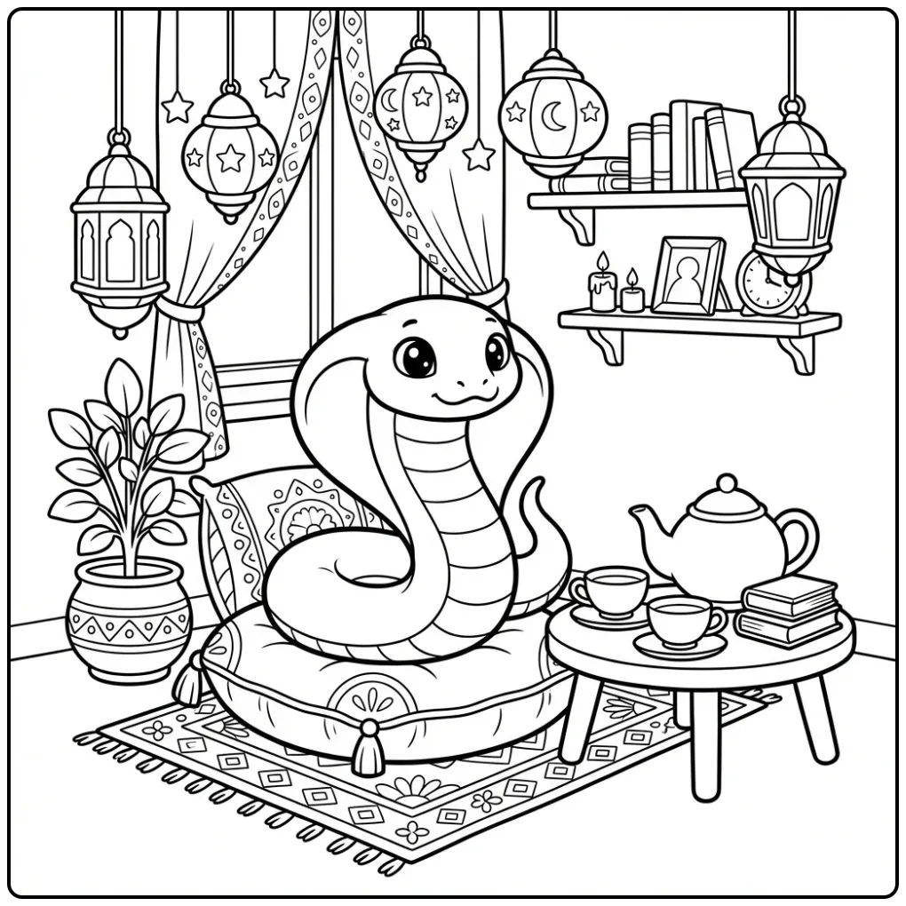 Cobra coloring page with a teapot and soft cushions