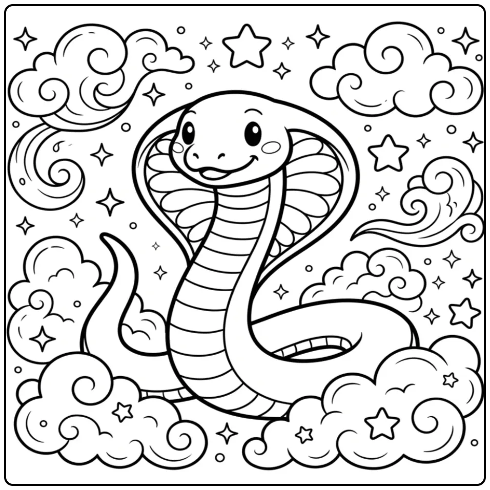 Cobra coloring page with stars and clouds