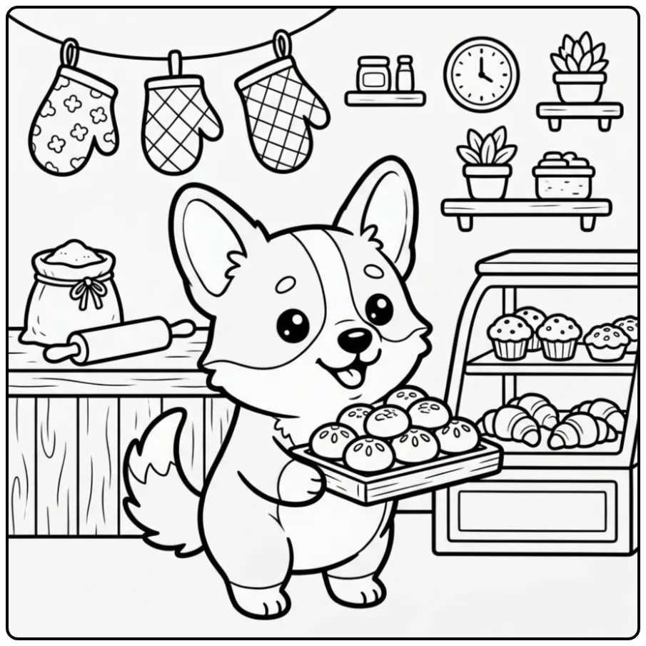 Cute Corgi in the Bakery coloring page