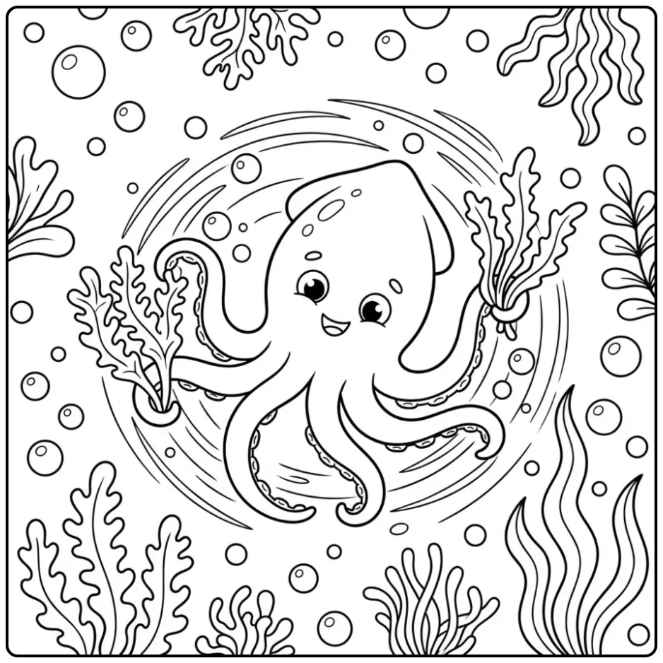 Squid coloring page with bubbles and plants