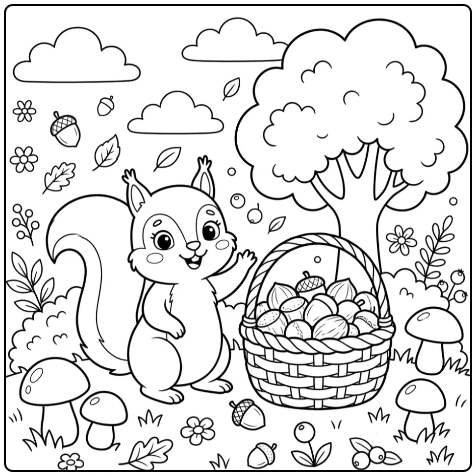 Toddler squirrel coloring page waving by a nut basket