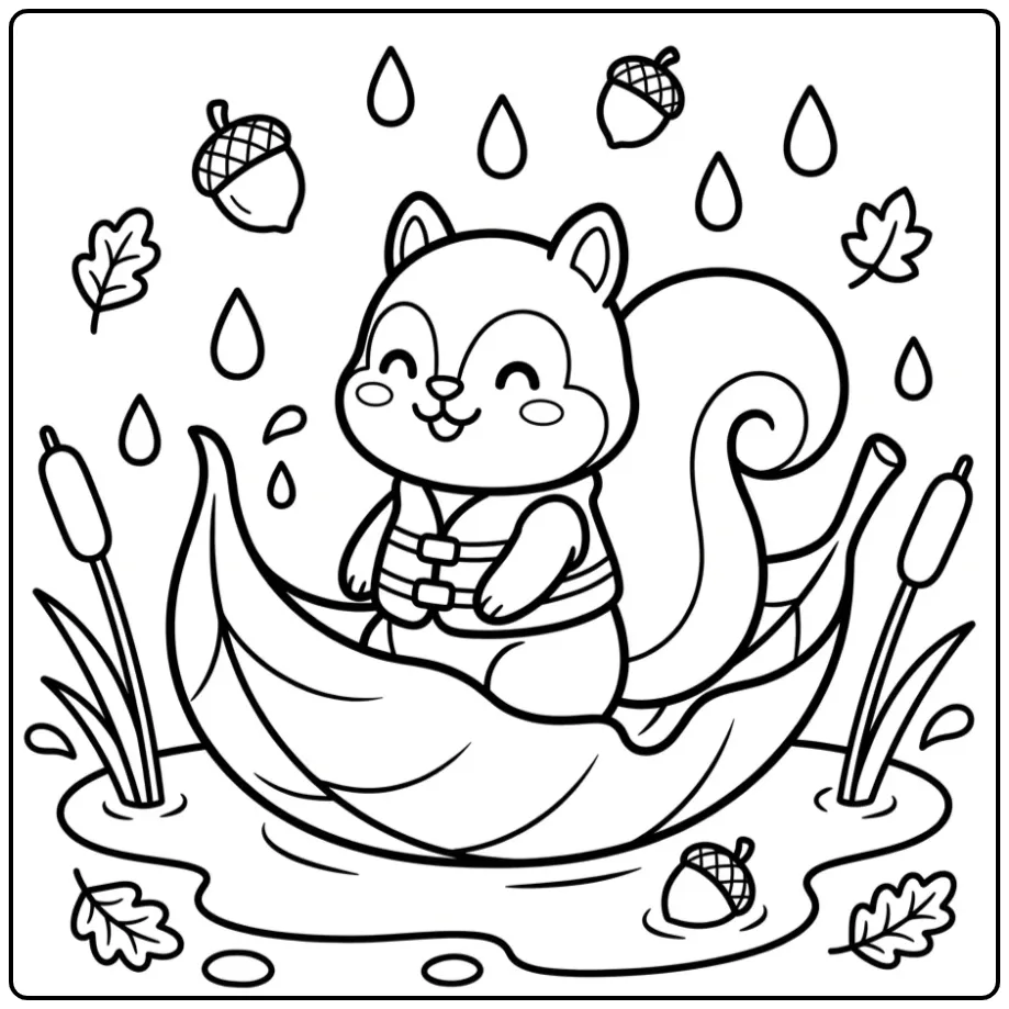 Squirrel coloring page sailing in a leaf boat
