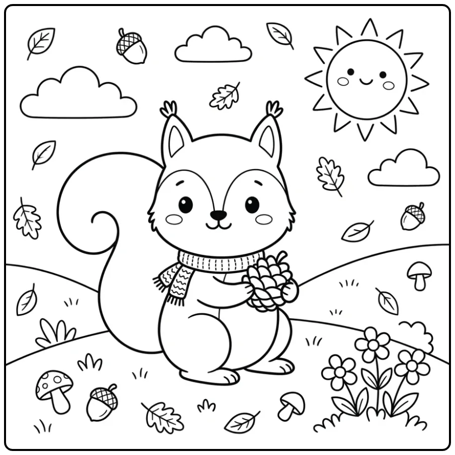 Simple squirrel coloring page with a pinecone and scarf