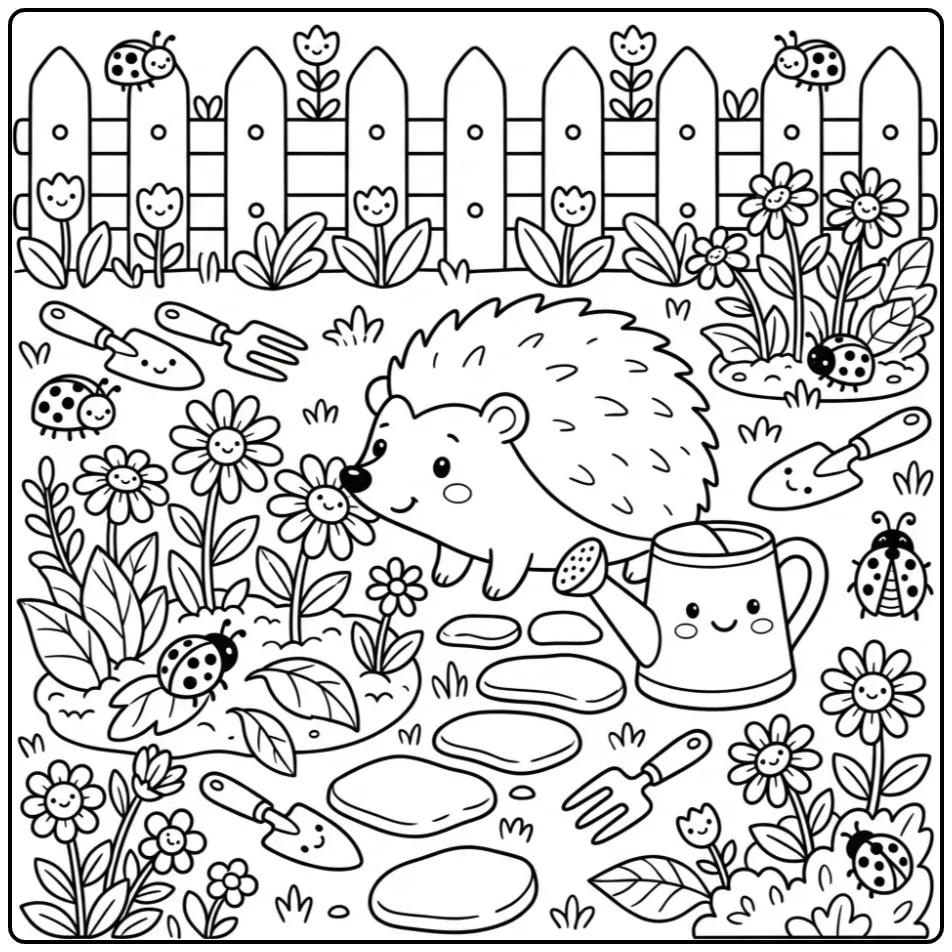 Hedgehog coloring page with a watering can and ladybugs