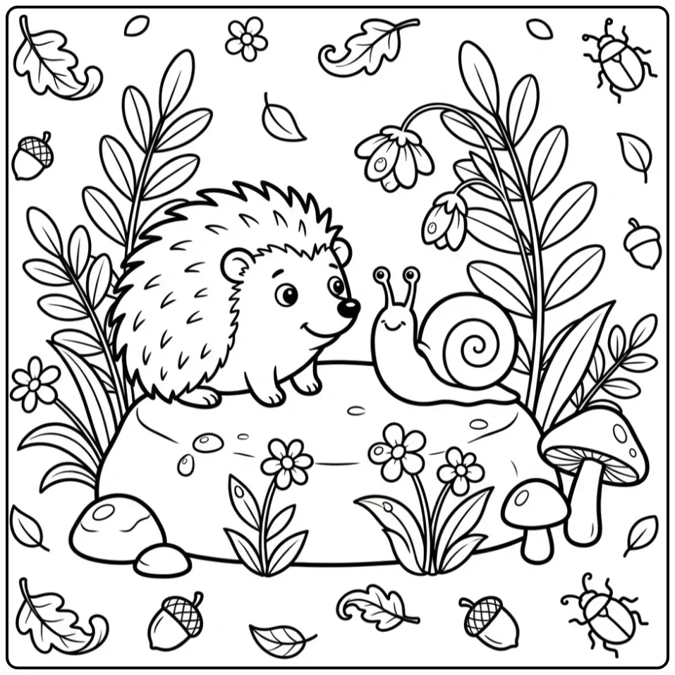 Hedgehog coloring page meeting a snail among flowers