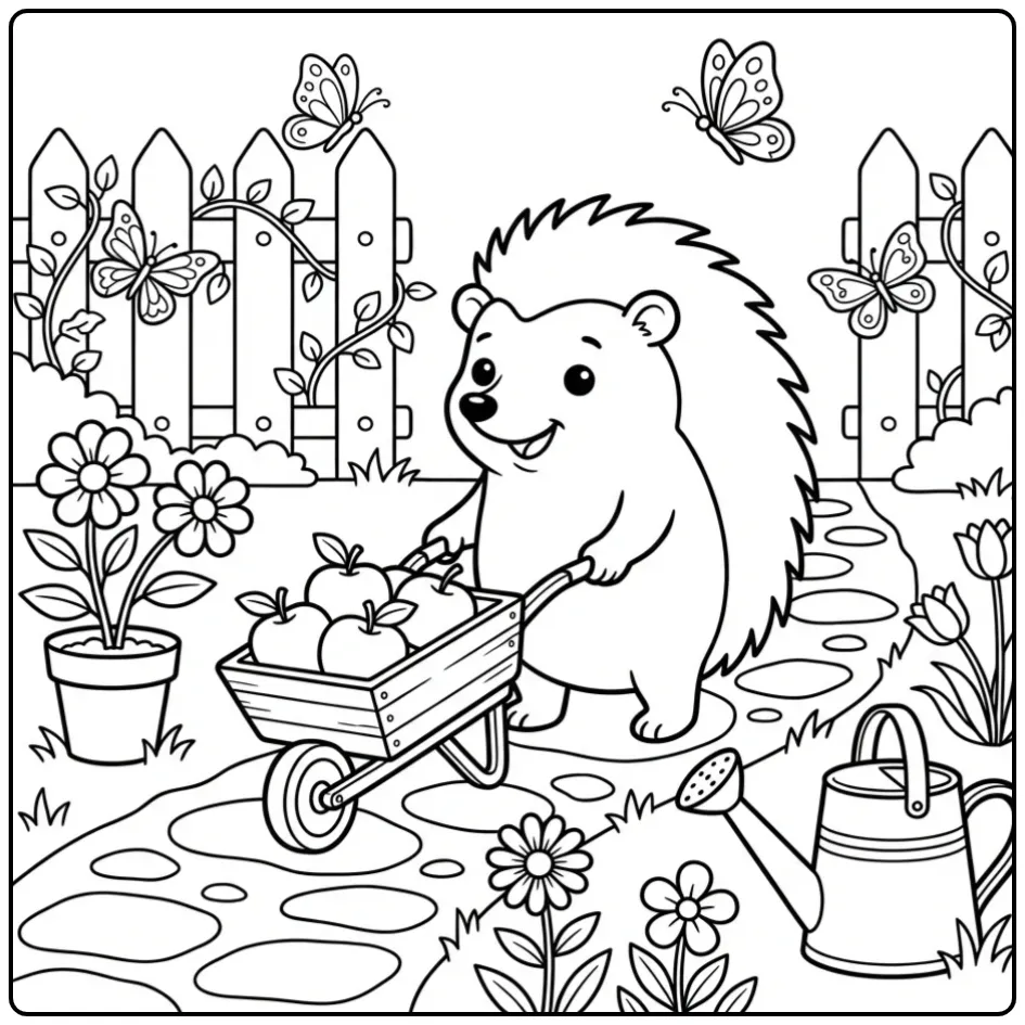 Hedgehog coloring page with a wheelbarrow in the garden