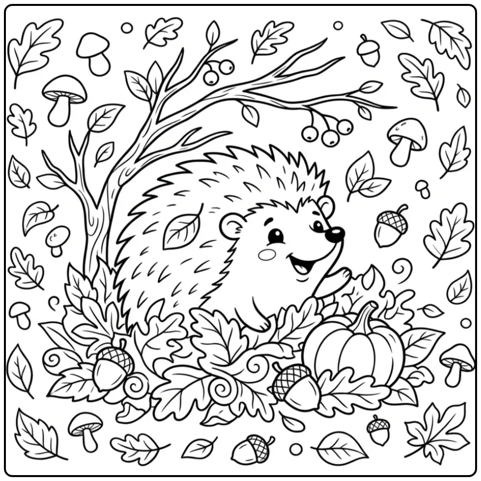 Hedgehog coloring page among autumn leaves and acorns