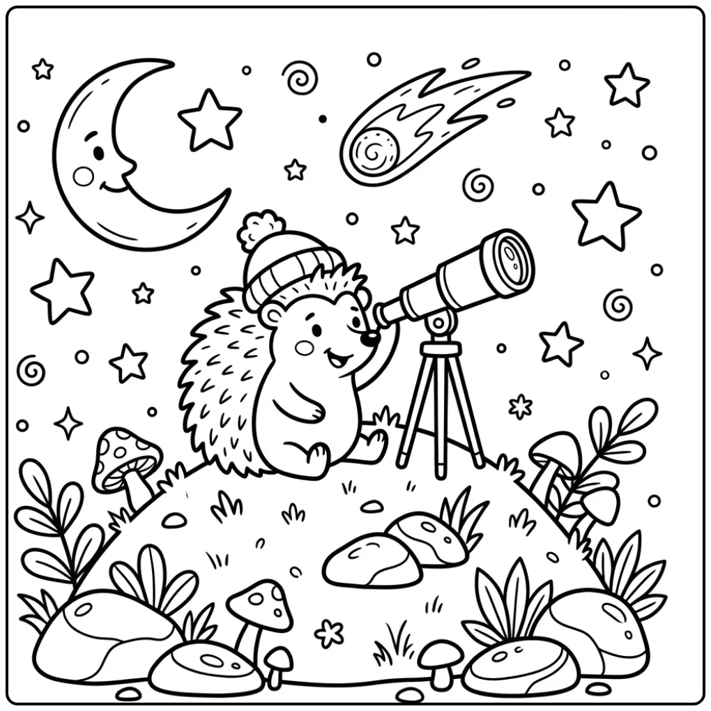 Hedgehog coloring page stargazing with a comet and moon