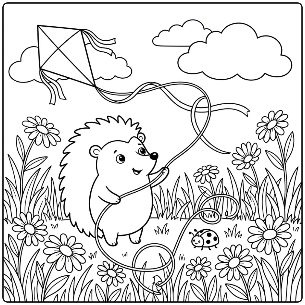 Hedgehog coloring page flying a kite among daisies