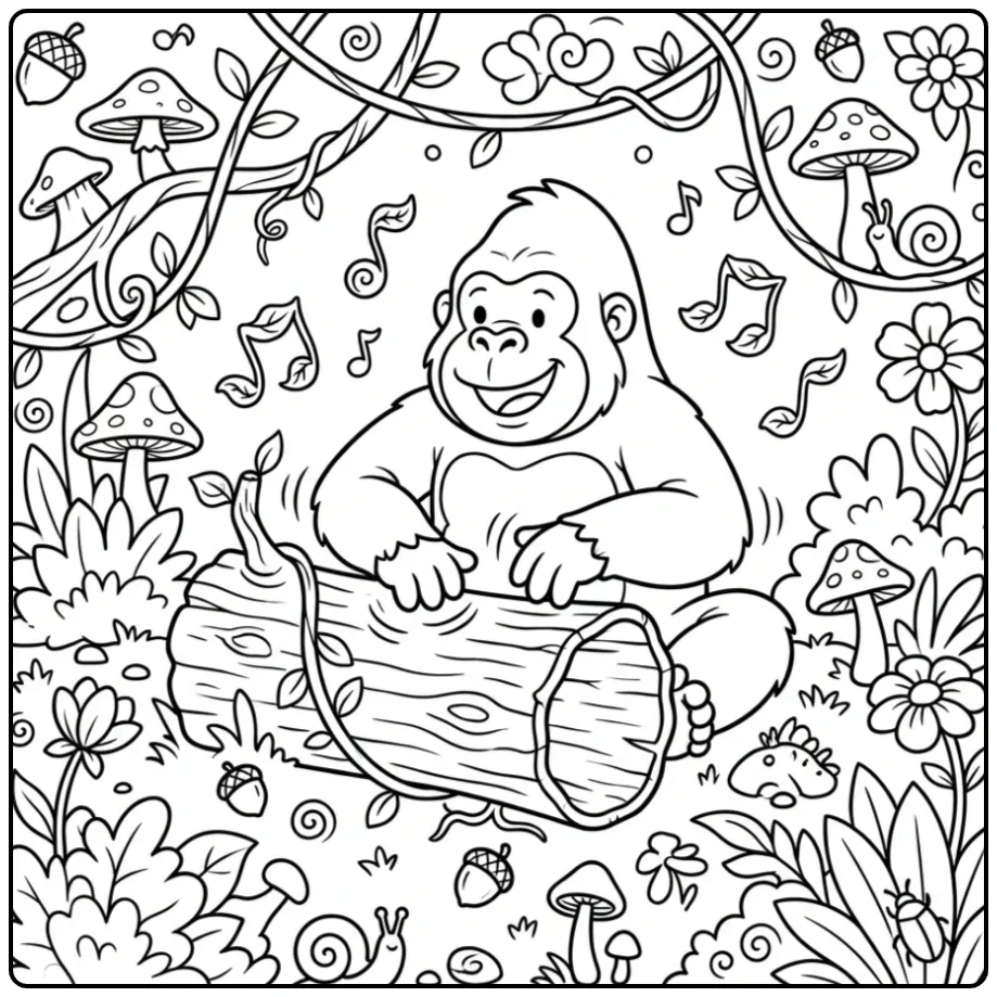 Gorilla coloring page drumming on a log