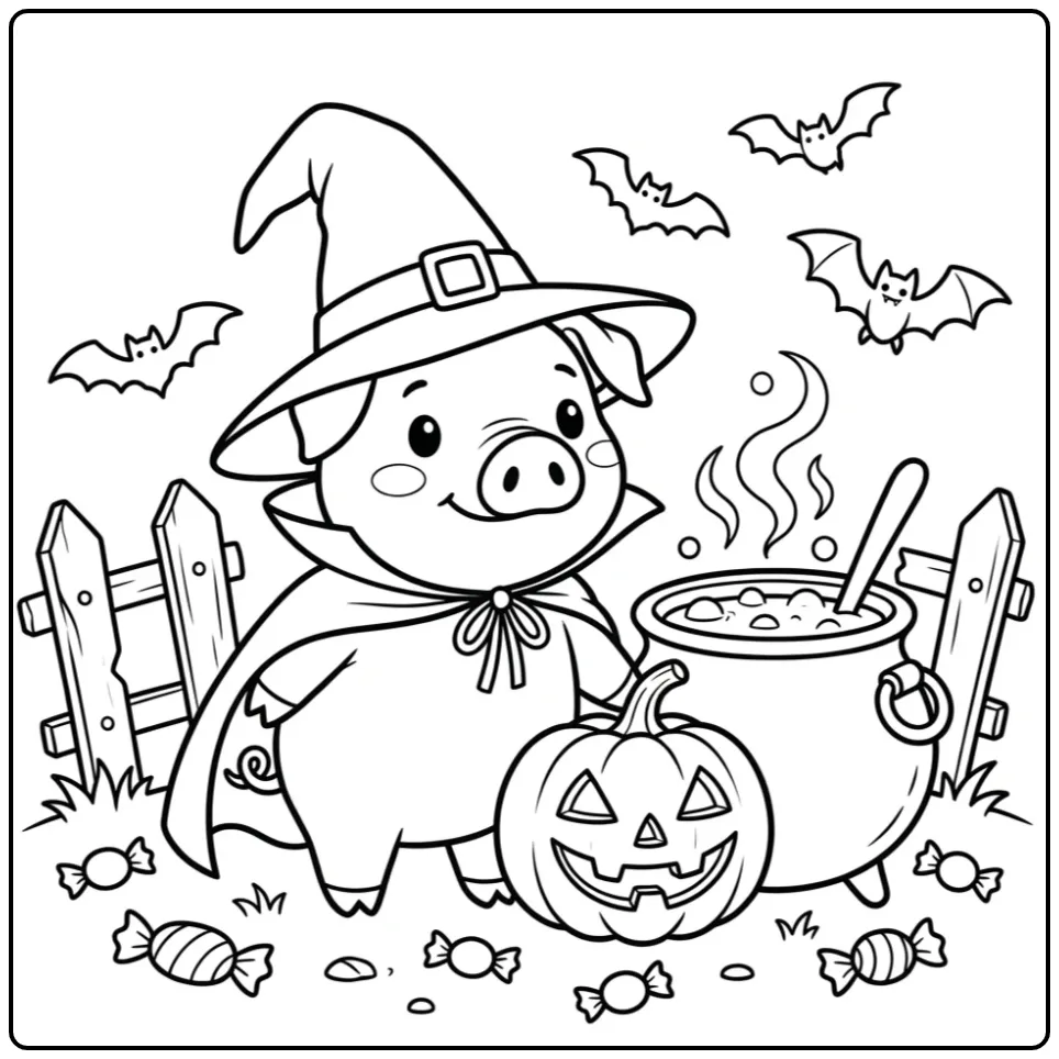 Halloween pig coloring page with a cauldron