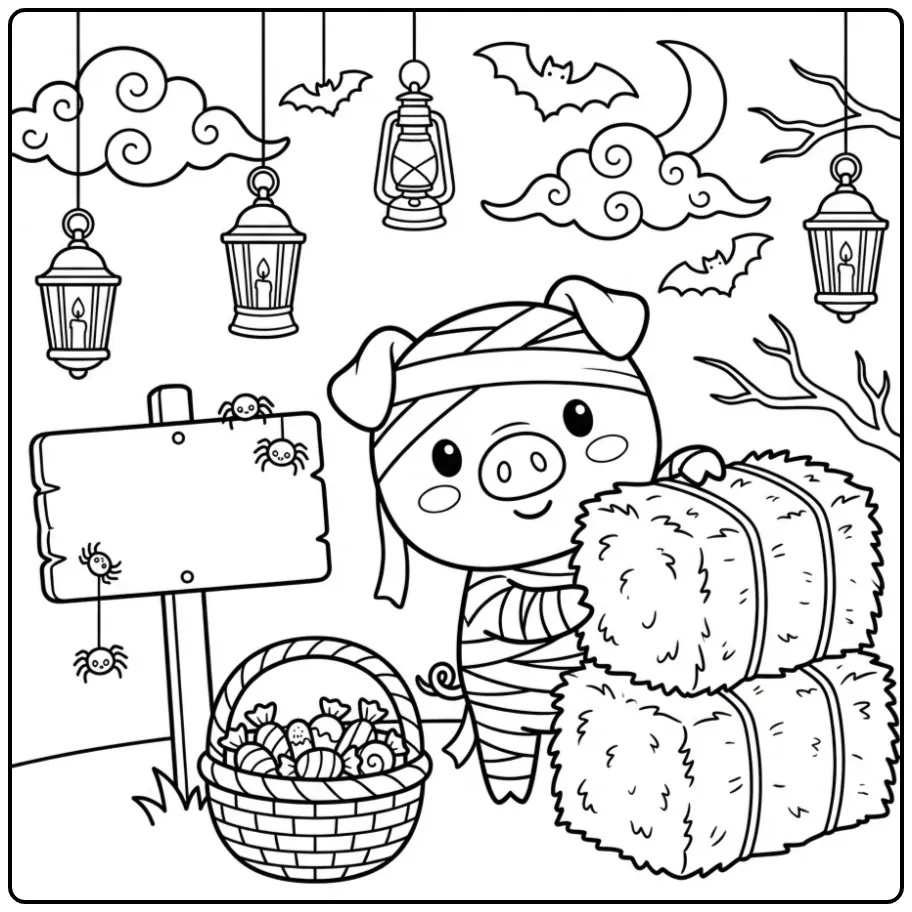 Halloween pig coloring page as a mummy