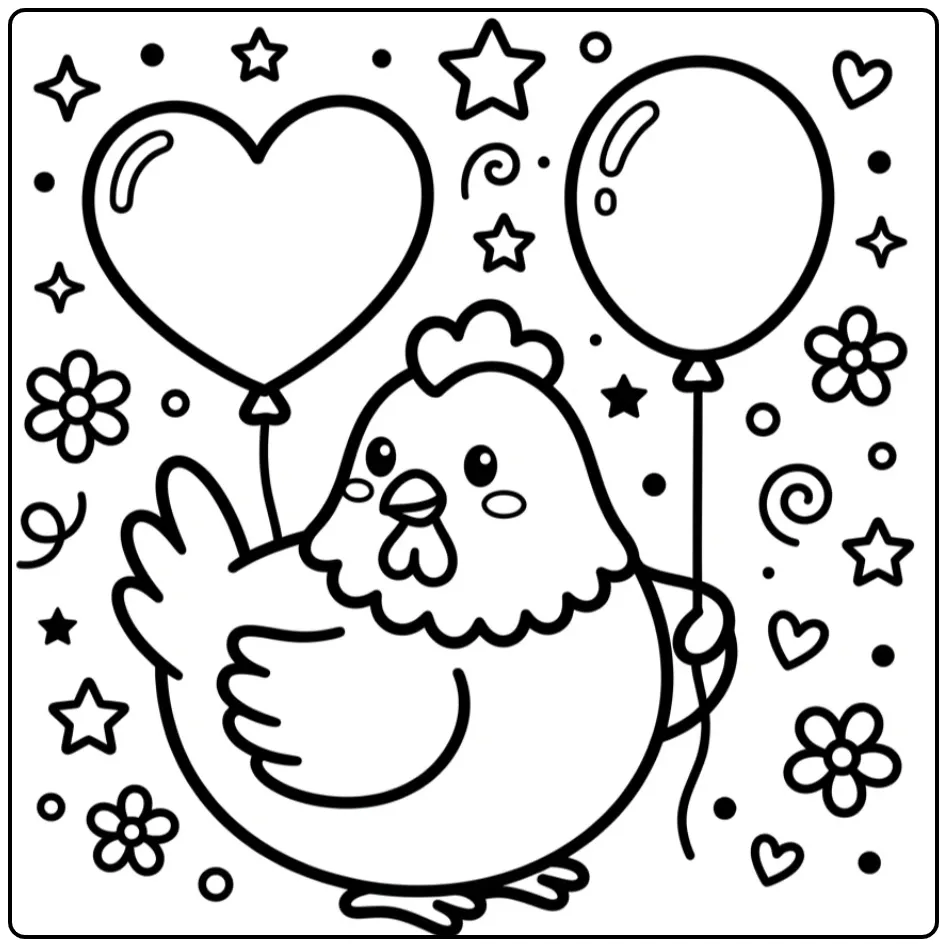 Toddler chicken coloring page with a heart and balloon