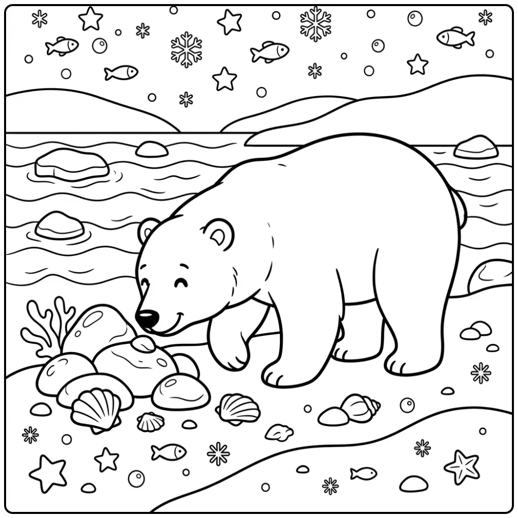 Polar bear coloring page sniffing by rocks and ice