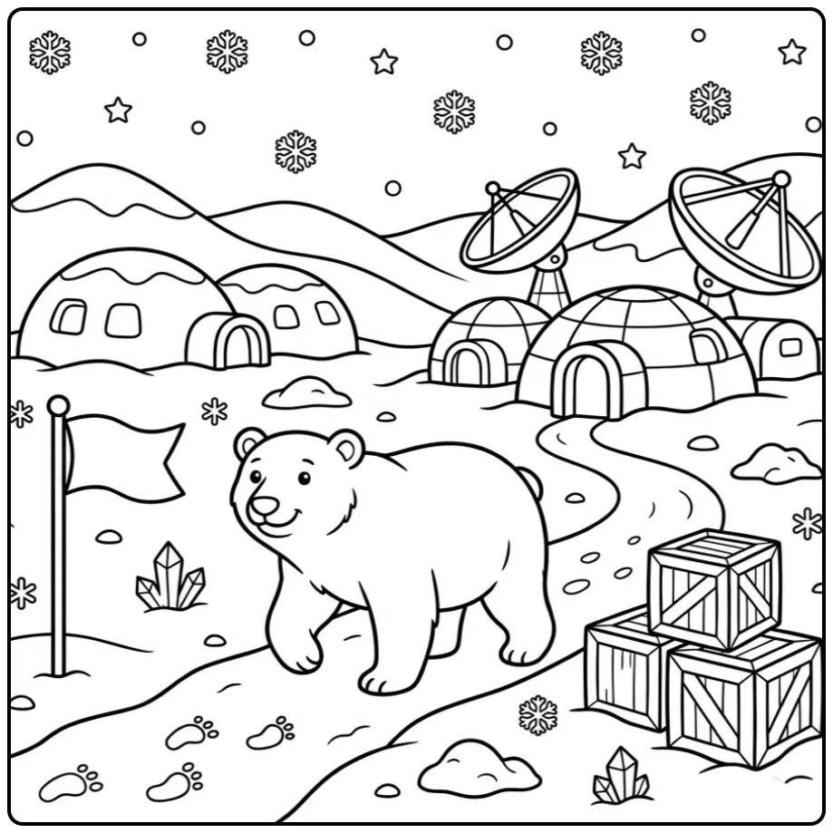 Polar bear coloring page by an Arctic station