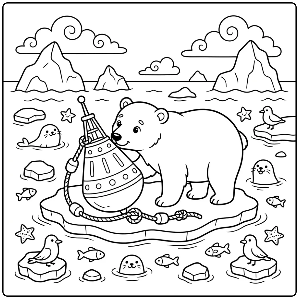 Polar bear coloring page with a research buoy and ice