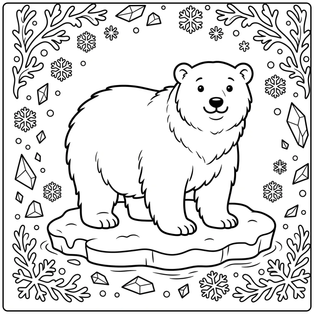 Close-up polar bear coloring page with fluffy fur and ice