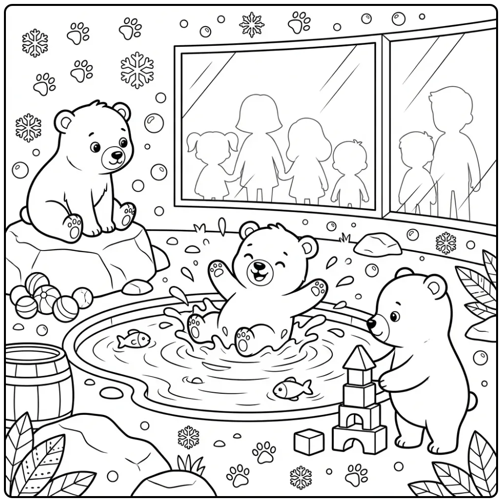 Polar bears coloring page playing with water and toys