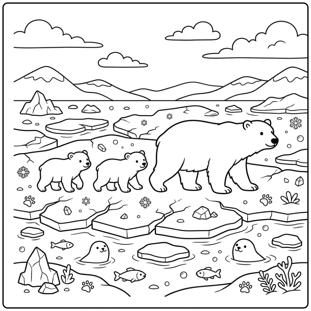 Polar bears coloring page walking over ice floes