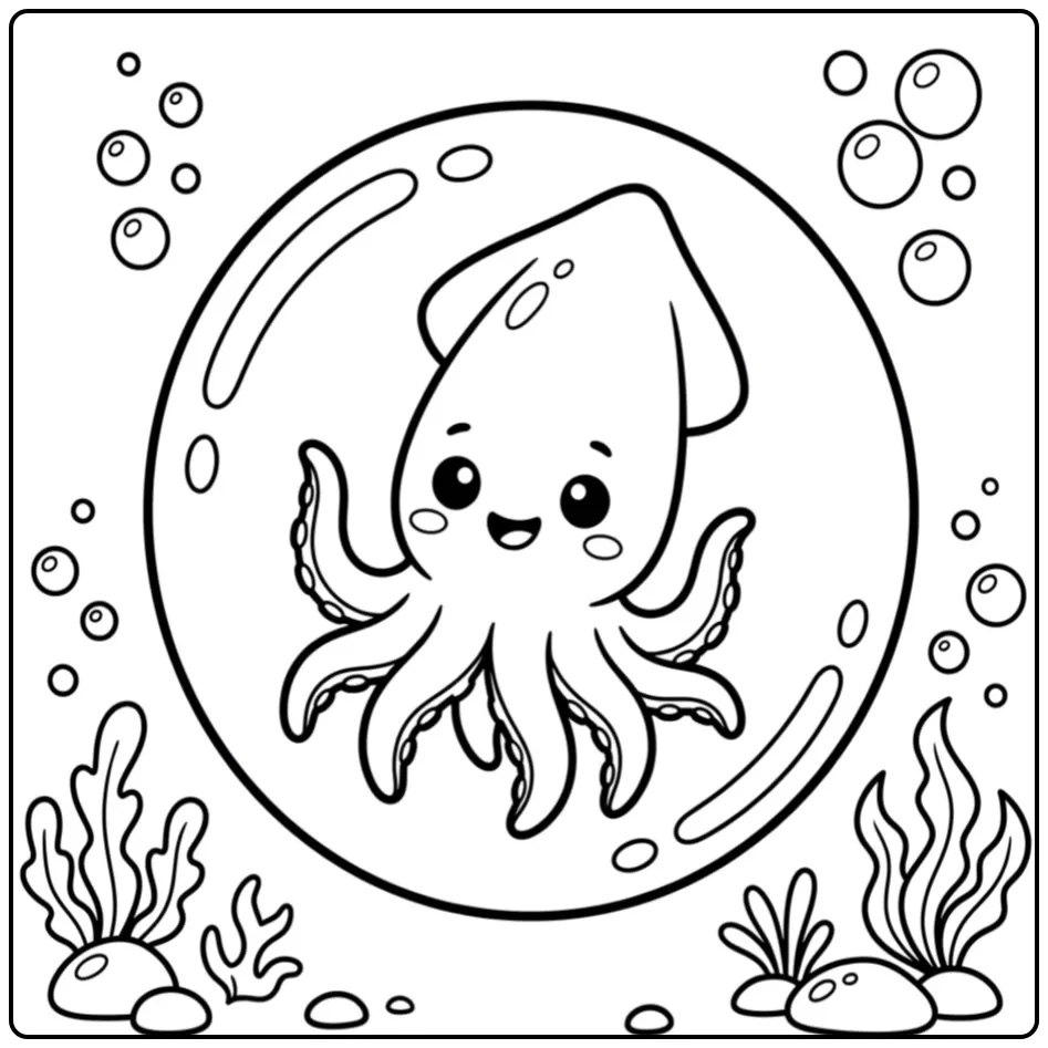 Squid coloring page with underwater bubbles and plants
