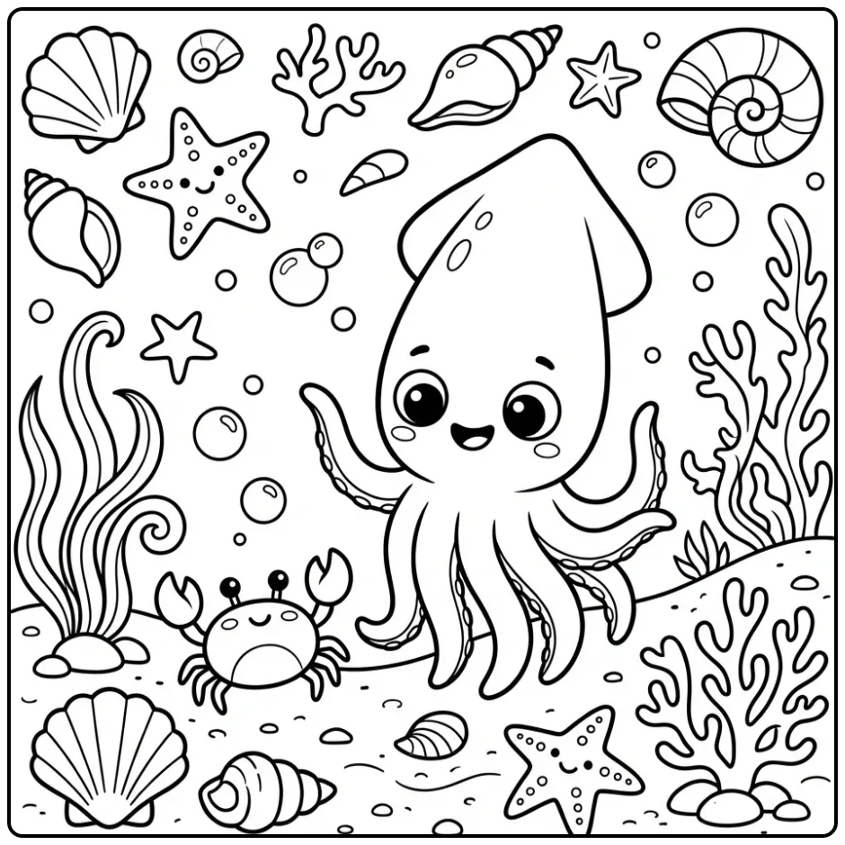 Squid coloring page greeting a crab on the sea floor