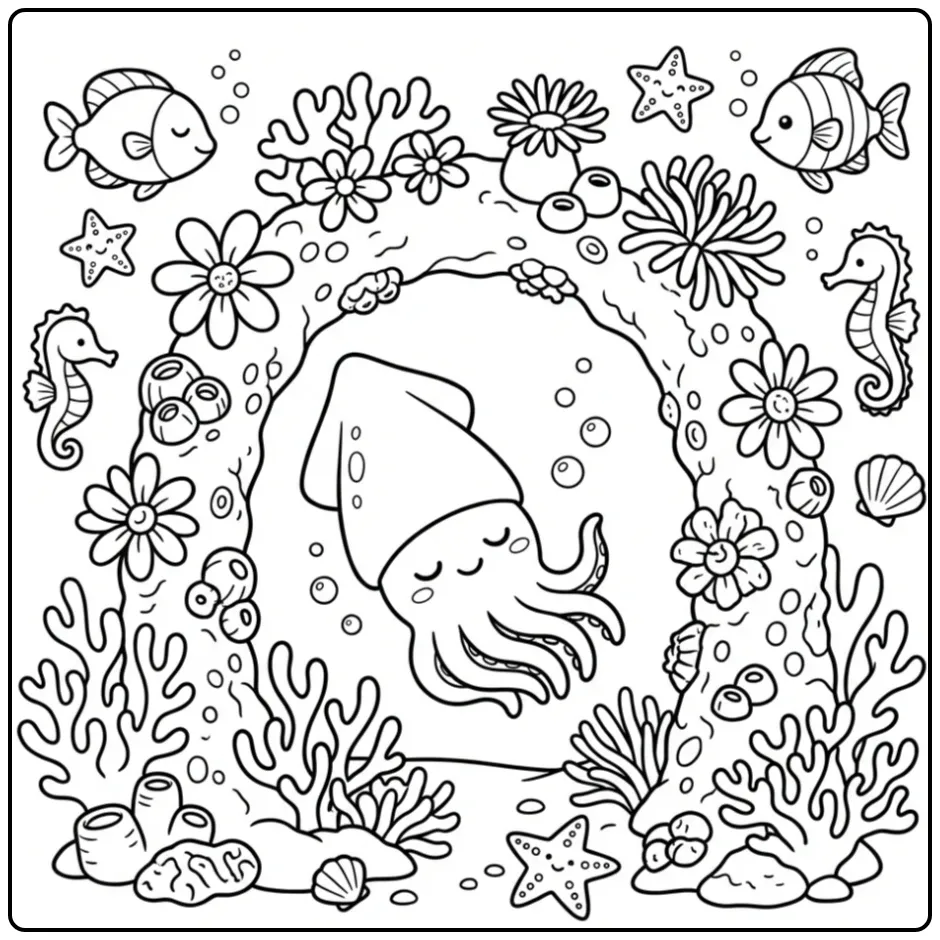 Squid coloring page resting under a coral arch