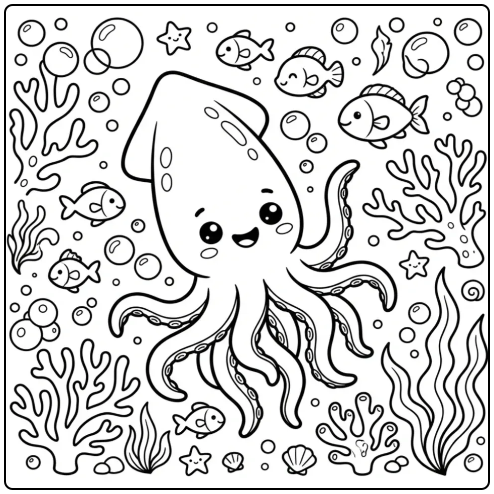 Happy squid coloring page waving in the sea