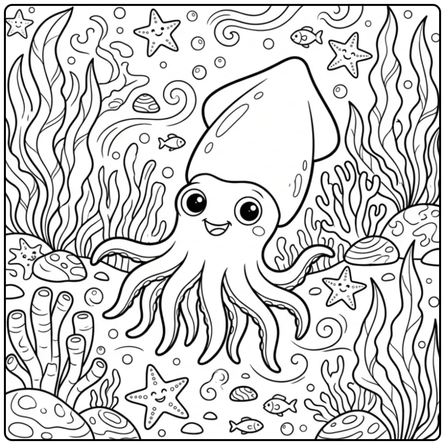 Squid coloring page swimming through tall seaweed
