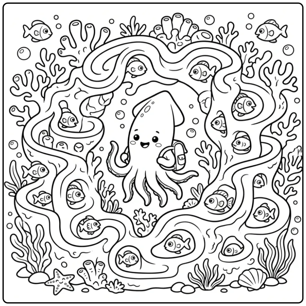 Cartoon squid coloring page in a coral maze