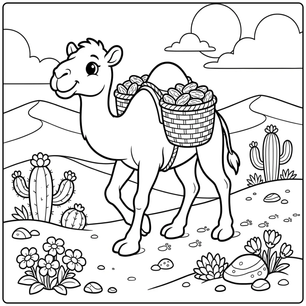 Camel coloring page with baskets of dates in the dunes