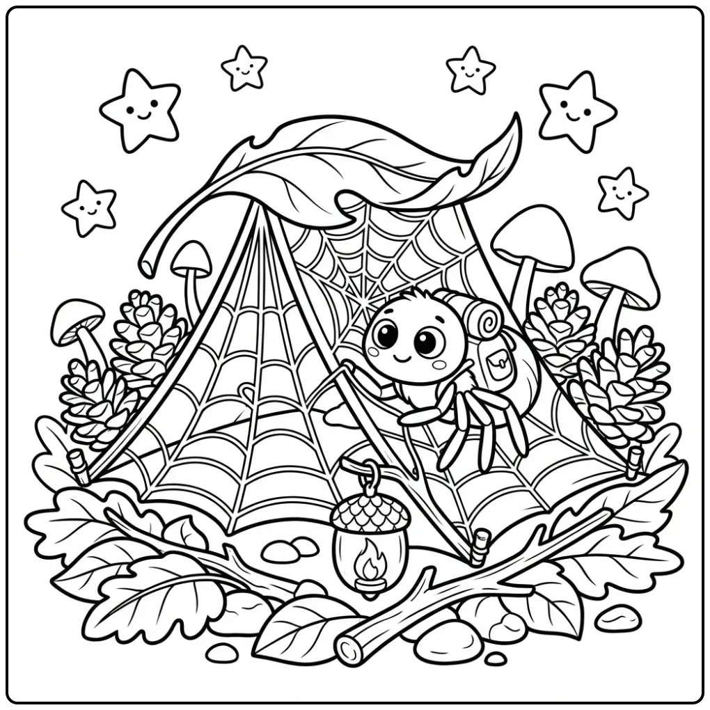 Spider coloring page with a tent made from web