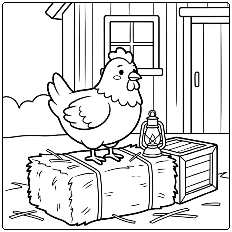 Easy chicken coloring page on a hay bale in a barn