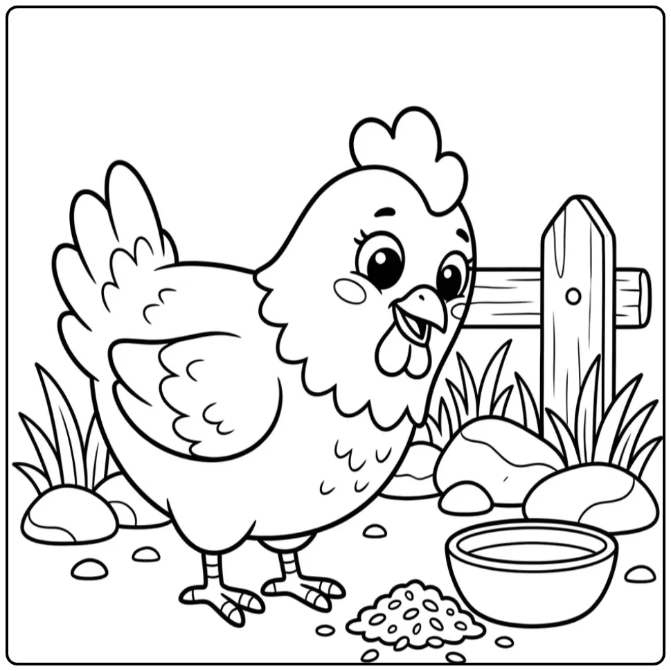 Easy chicken coloring page with a hen eating seeds