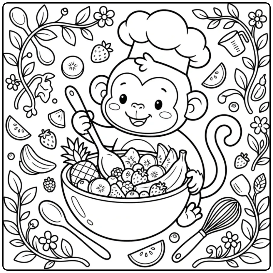 Monkey coloring page making fruit salad in a bowl