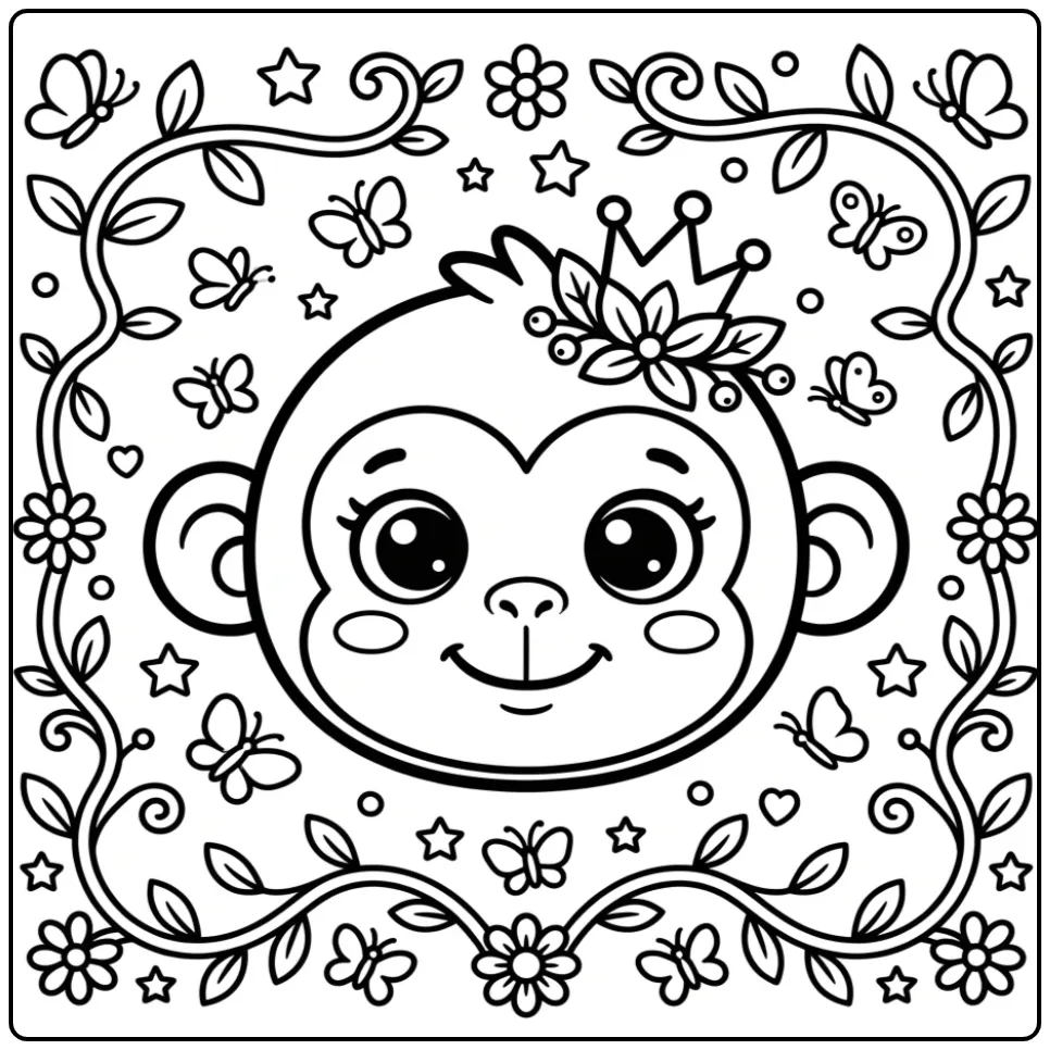 Monkey head coloring page with a nature crown
