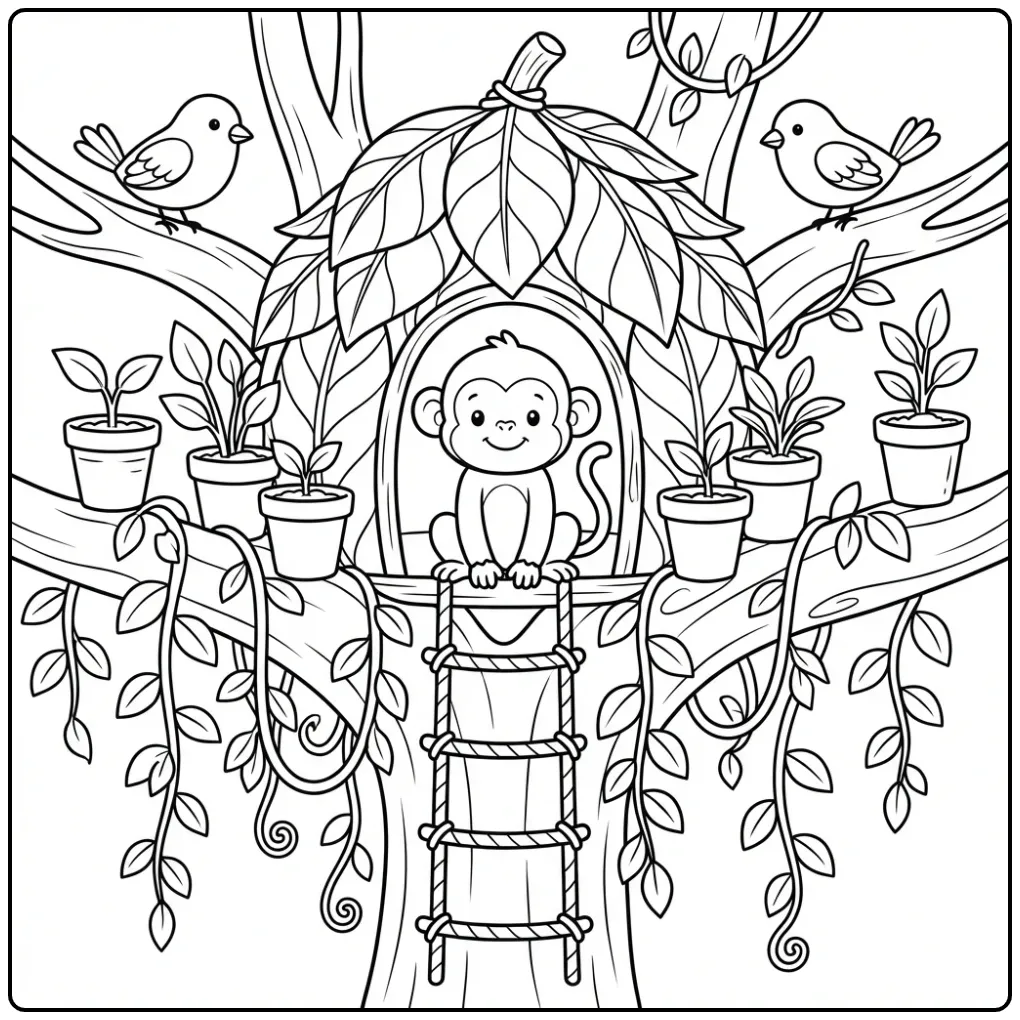 Monkey in tree coloring page with birds and vines