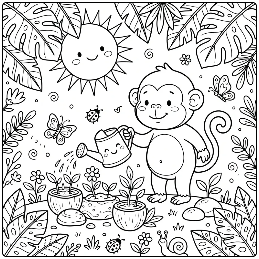 Monkey coloring page watering plants in the garden