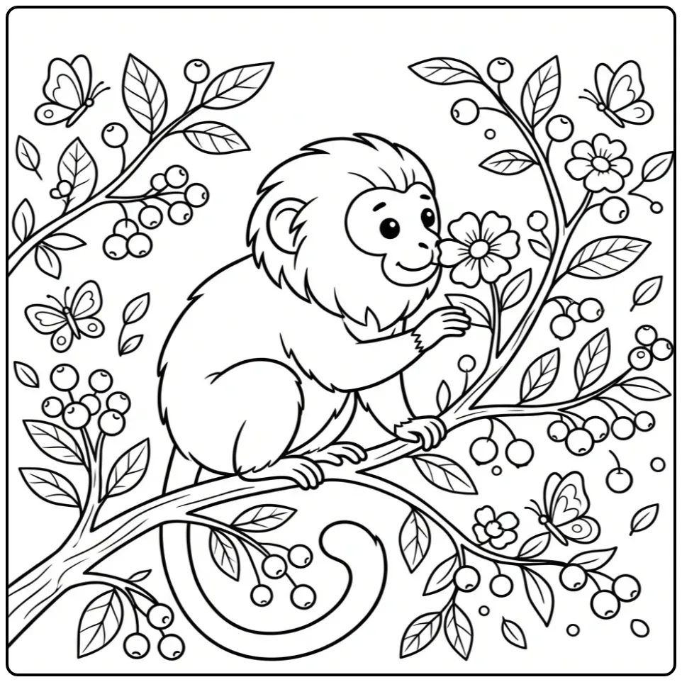 Golden lion tamarin coloring page smelling a flower