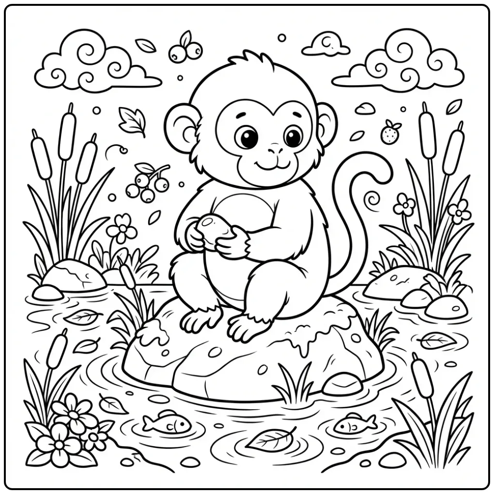 Macaque monkey coloring page with a pebble by the water