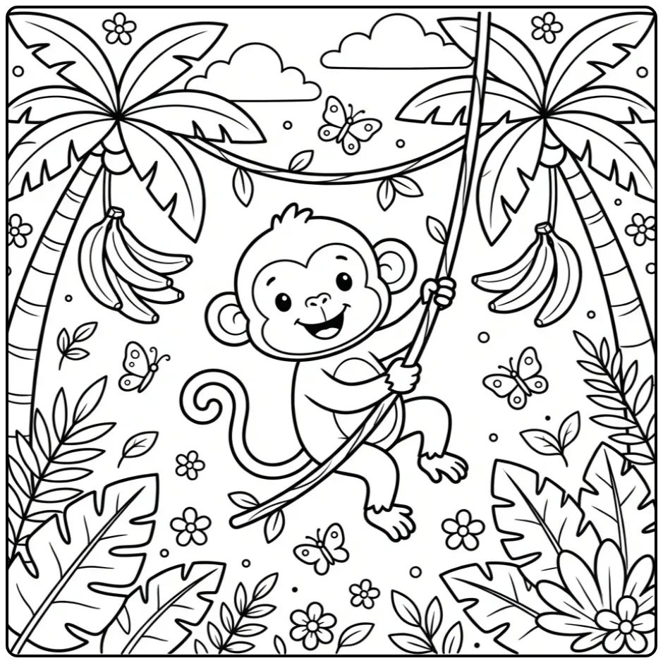 Monkey coloring page swinging through the jungle with bananas