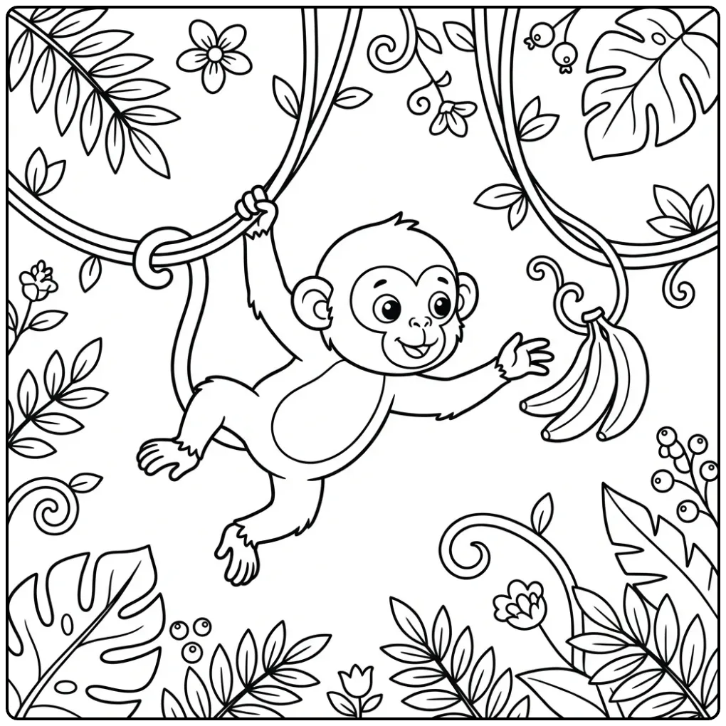 Monkey coloring page swinging on vines toward bananas