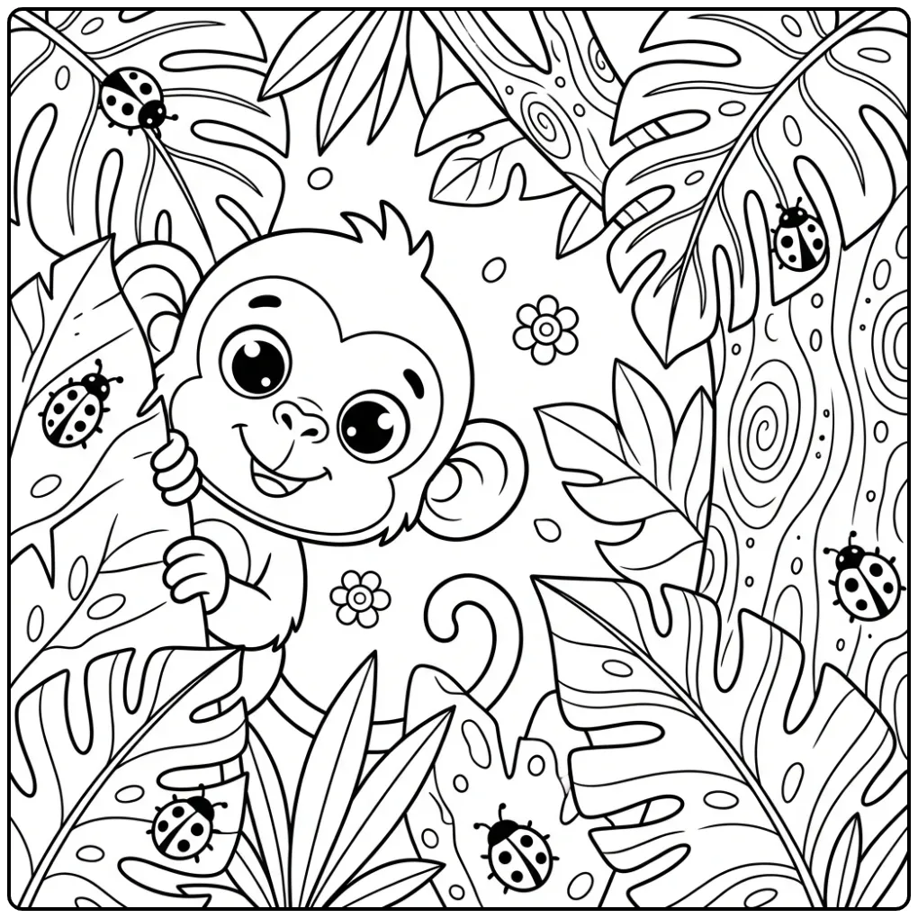 Monkey coloring page peeking from behind a large leaf