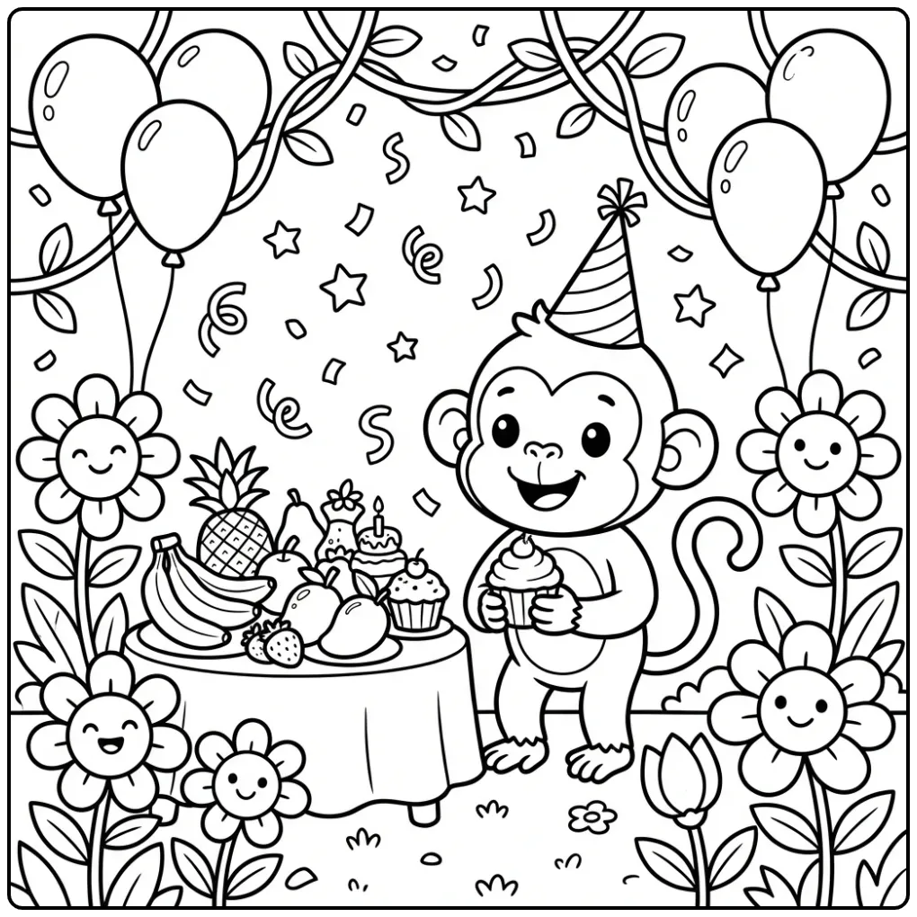 Birthday monkey coloring page with a cake and balloons
