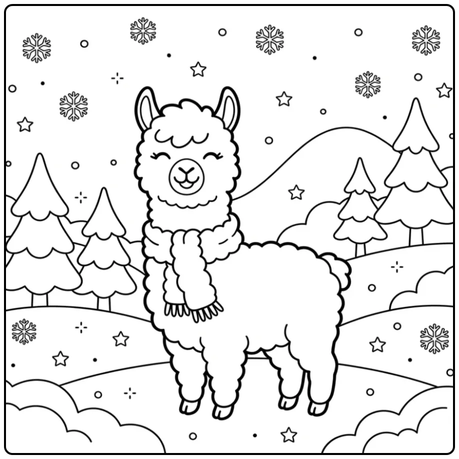 Happy alpaca coloring page with snowflakes and hills