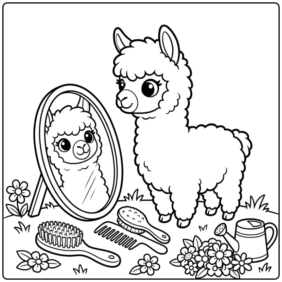 Cute alpaca coloring page looking in a mirror